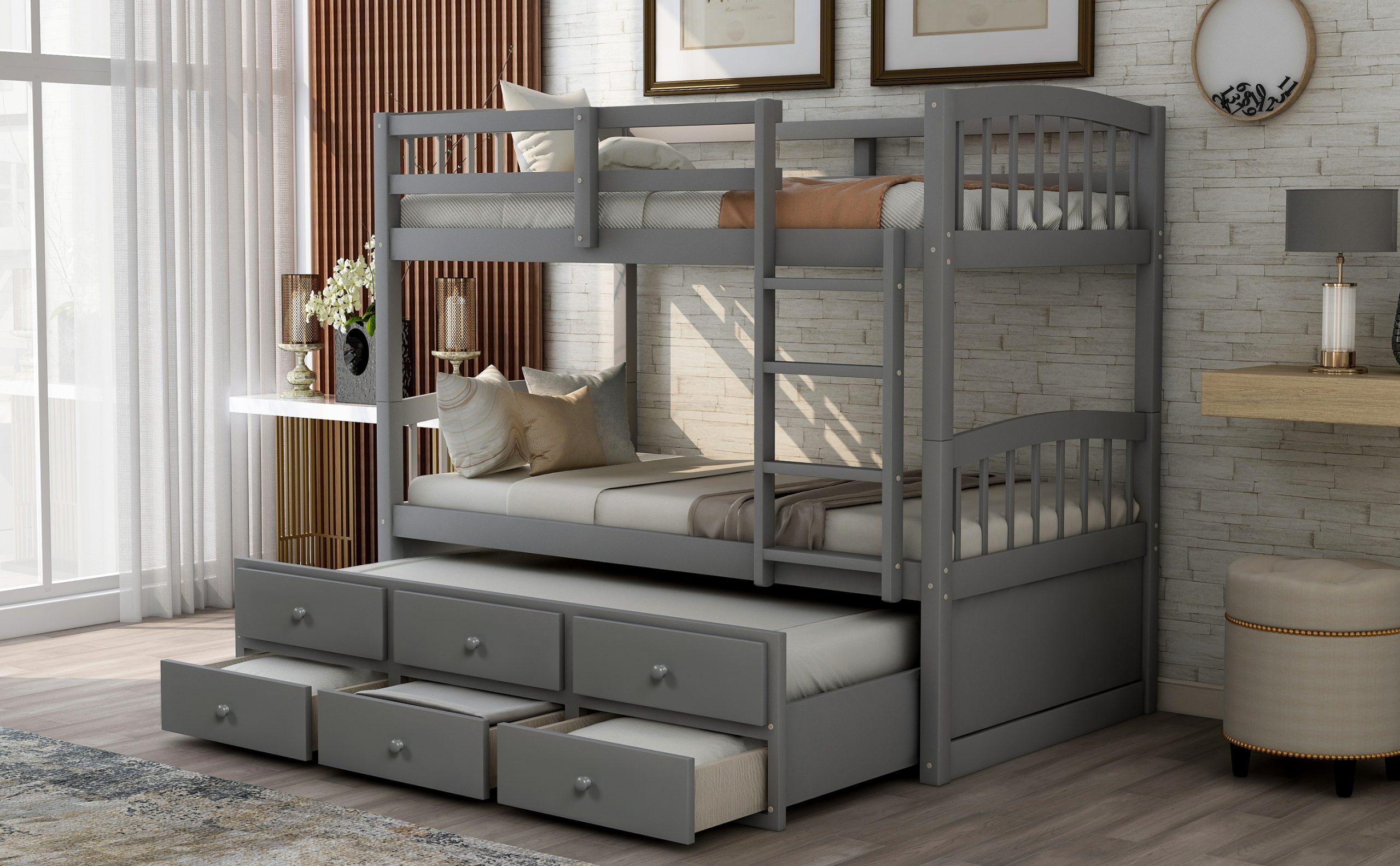 Twin Bunk Bed with Ladder, Safety Rail, Twin Trundle Bed with 3 Drawers