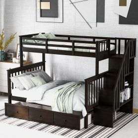 Stairway Twin-Over-Full Bunk Bed with Drawer, Storage and Guard Rail