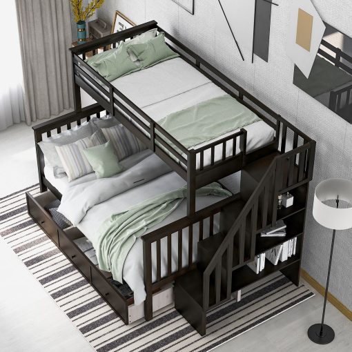 Stairway Twin-Over-Full Bunk Bed with Drawer, Storage and Guard Rail