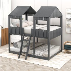 Full Over Full Wood Bunk Bed With Roof, Window, Guardrail, Ladder