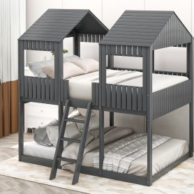 Full Over Full Wood Bunk Bed With Roof, Window, Guardrail, Ladder