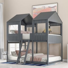 Full Over Full Wood Bunk Bed With Roof, Window, Guardrail, Ladder