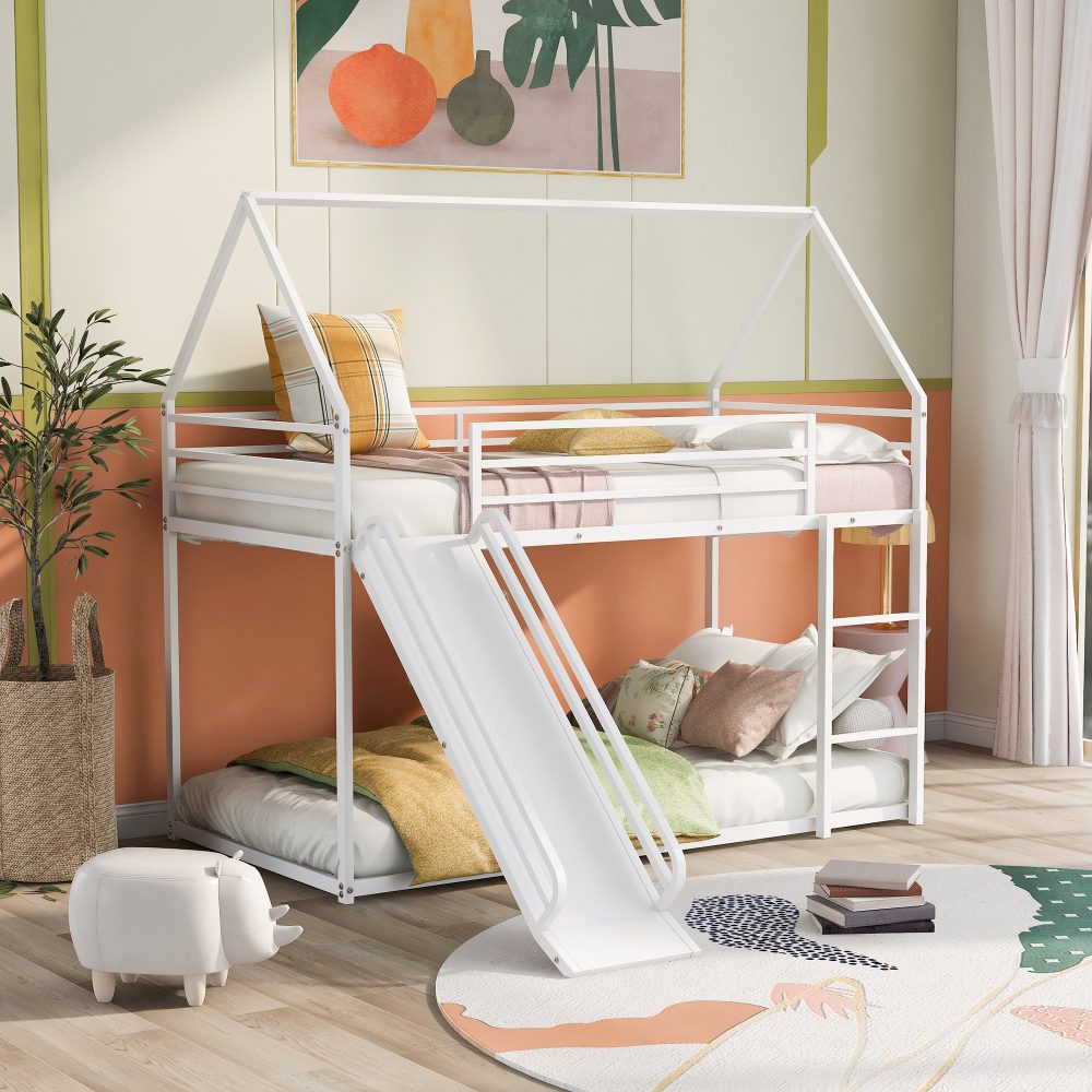 Twin Over Twin House Bunk Bed With Ladder And Slide | Cool Kids Bed