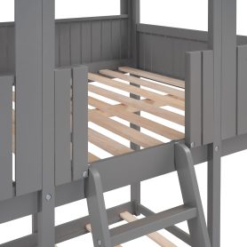 Full Over Full Wood Bunk Bed With Roof, Window, Guardrail, Ladder