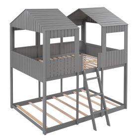 Full Over Full Wood Bunk Bed With Roof, Window, Guardrail, Ladder