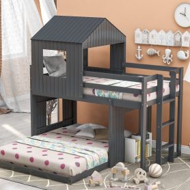 Wooden Twin Over Full Bunk Bed With Playhouse, Ladder And Guardrails