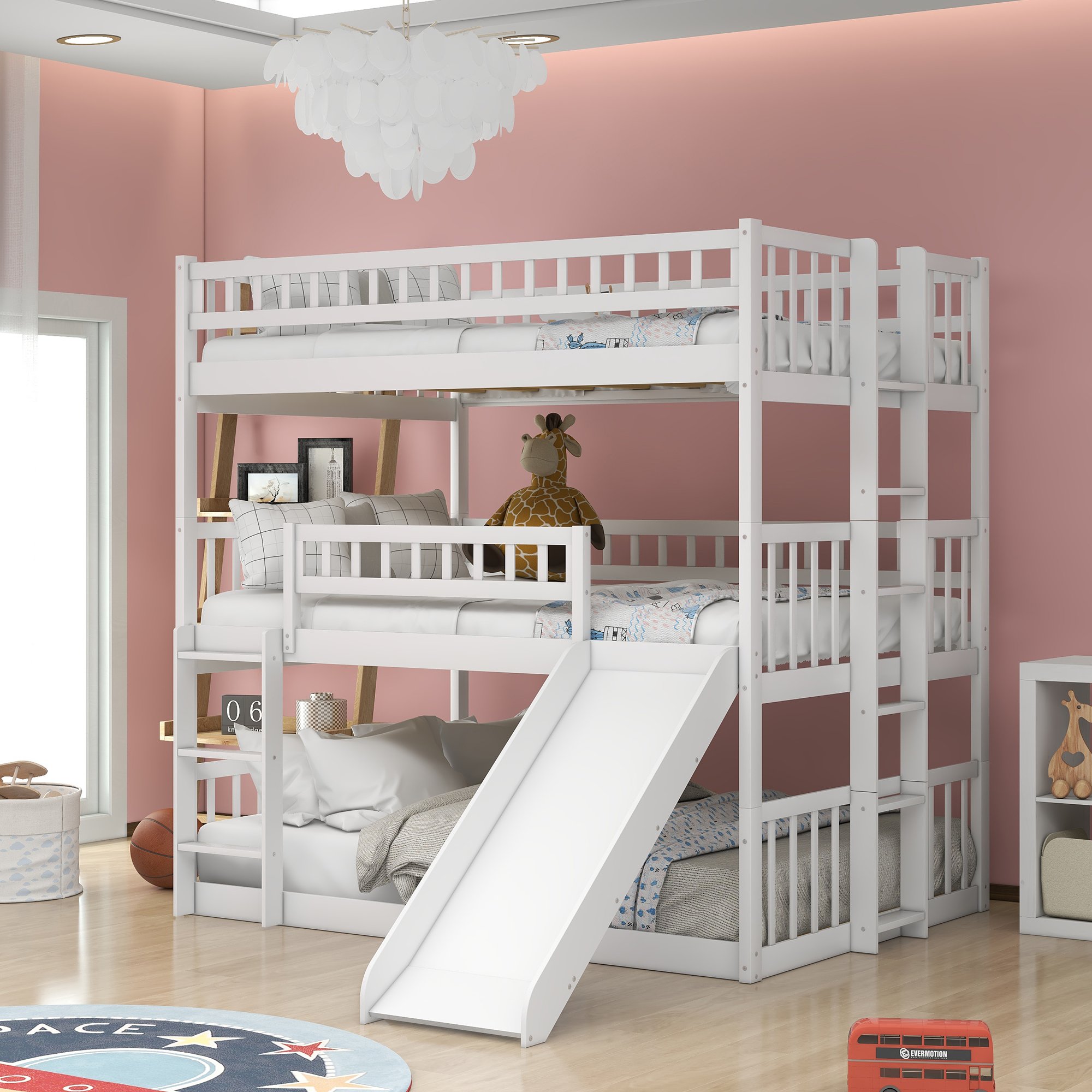 Full-over-full-over-full Triple Bunk Bed With Built-in Ladder And Slide and Guardrails