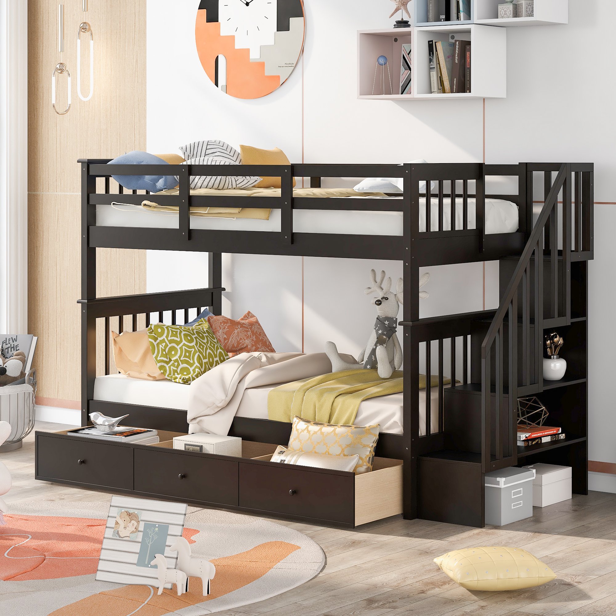 Stairway Twin-over-twin Bunk Bed With Three Drawers For Bedroom 3 Stairway Twin-over-twin Bunk Bed With Three Drawers For Bedroom