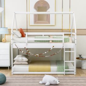 Twin Over Twin Low Bunk Bed With Ladder, House Shape