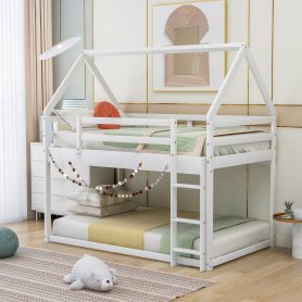 Twin Over Twin Low Bunk Bed With Ladder, House Shape