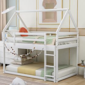 Twin Over Twin Low Bunk Bed With Ladder, House Shape