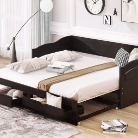 Wooden Extendable Daybed With Trundle Bed And Two Storage Drawers