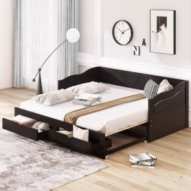 Wooden Extendable Daybed With Trundle Bed And Two Storage Drawers