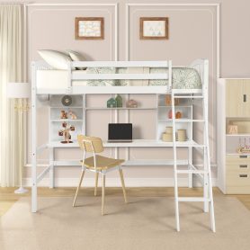 Twin Size Loft Bed with Storage Shelves, Desk and Ladder