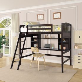 Twin Size Loft Beds With Storage Shelves, Desk And Ladder
