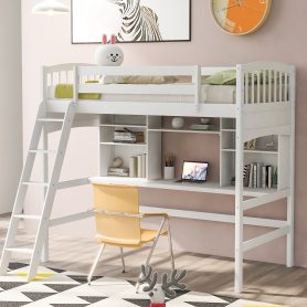 Twin Size Loft Bed with Storage Shelves, Desk and Ladder
