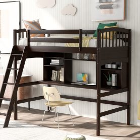 Twin Size Loft Beds With Storage Shelves, Desk And Ladder