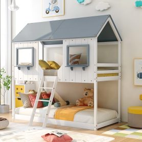 Twin Over Twin Wood Bunk Beds With Roof, Window, Guardrail, Ladder