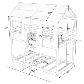 Twin Over Twin Wood Bunk Beds With Roof, Window, Guardrail, Ladder