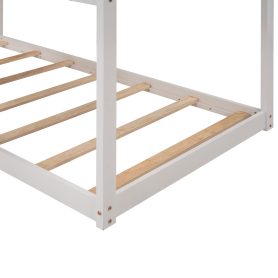 Twin Over Twin Wood Bunk Beds With Roof, Window, Guardrail, Ladder