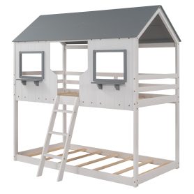 Twin Over Twin Wood Bunk Beds With Roof, Window, Guardrail, Ladder