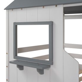 Twin Over Twin Wood Bunk Beds With Roof, Window, Guardrail, Ladder