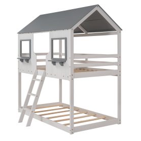 Twin Over Twin Wood Bunk Beds With Roof, Window, Guardrail, Ladder