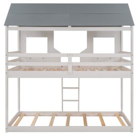 Twin Over Twin Wood Bunk Beds With Roof, Window, Guardrail, Ladder