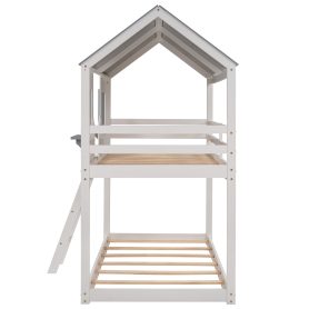Twin Over Twin Wood Bunk Beds With Roof, Window, Guardrail, Ladder