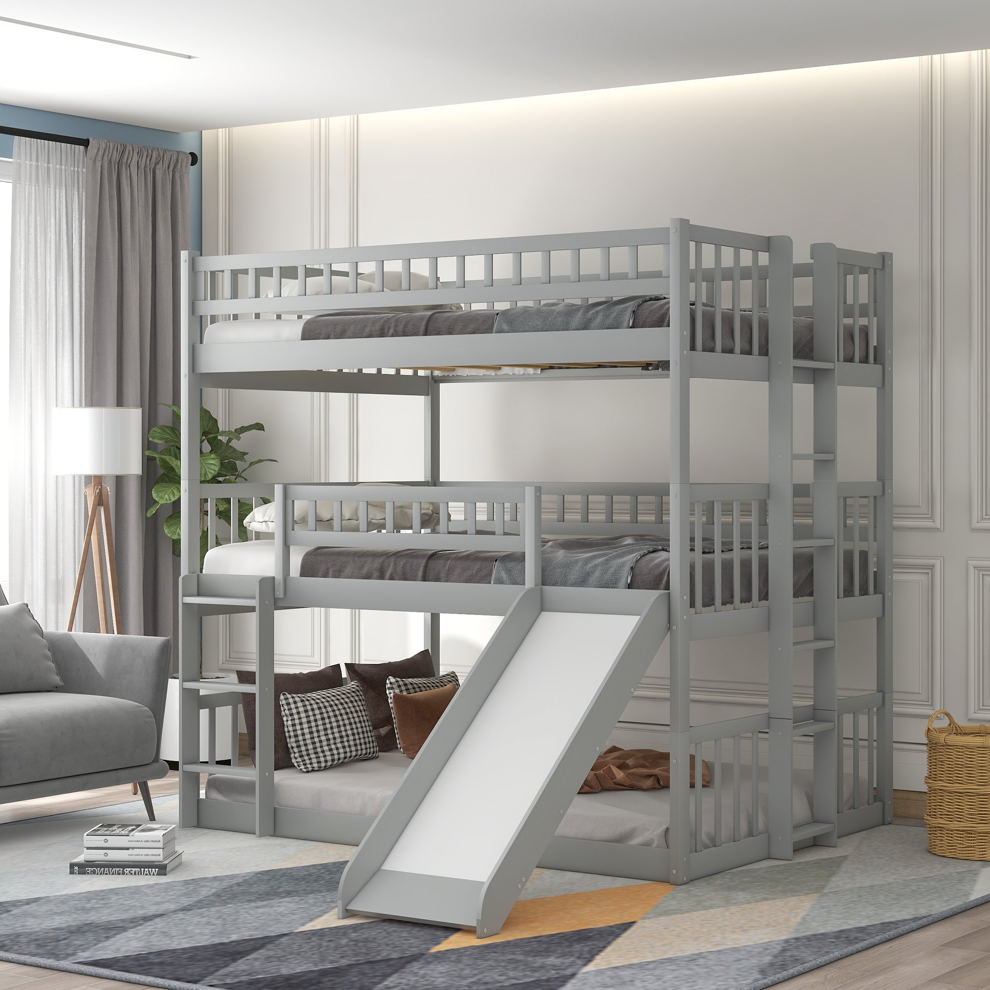 Full-over-full-over-full Triple Bunk Bed With Built-in Ladder And Slide and Guardrails