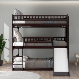 Full-over-full-over-full Triple Bunk Bed With Built-in Ladder And Slide and Guardrails