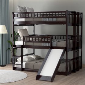 Full over Full over Full Triple Bunk Beds With Built-in Ladder And Slide 31 Full-over-full-over-full Triple Bunk Bed With Built-in Ladder And Slide and Guardrails