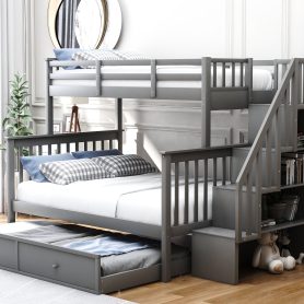 Stairway Twin over Full Bunk Beds With Twin Size Trundle, Storage And Guard Rail