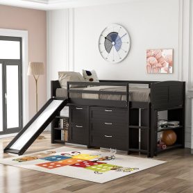 Twin Size Low Loft Bed With Cabinets, Shelves And Slide