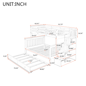 Stairway Twin over Full Bunk Beds With Twin Size Trundle, Storage And Guard Rail
