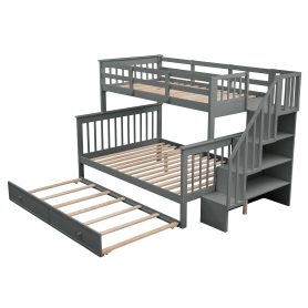 Stairway Twin over Full Bunk Beds With Twin Size Trundle, Storage And Guard Rail