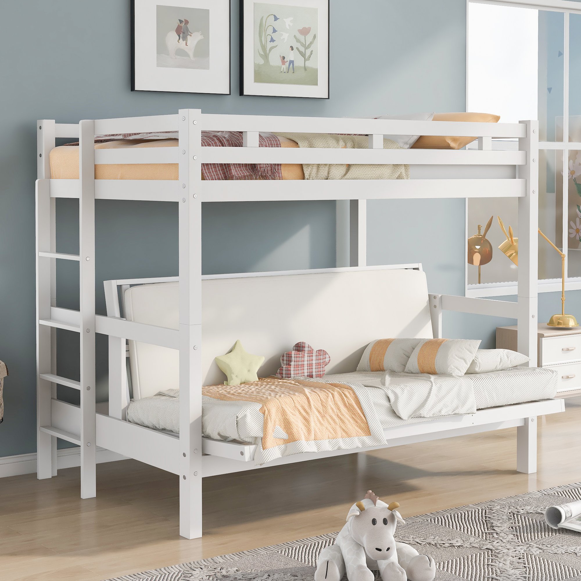 Twin over Twin/Full Bunk Bed,Convertible Down Bed