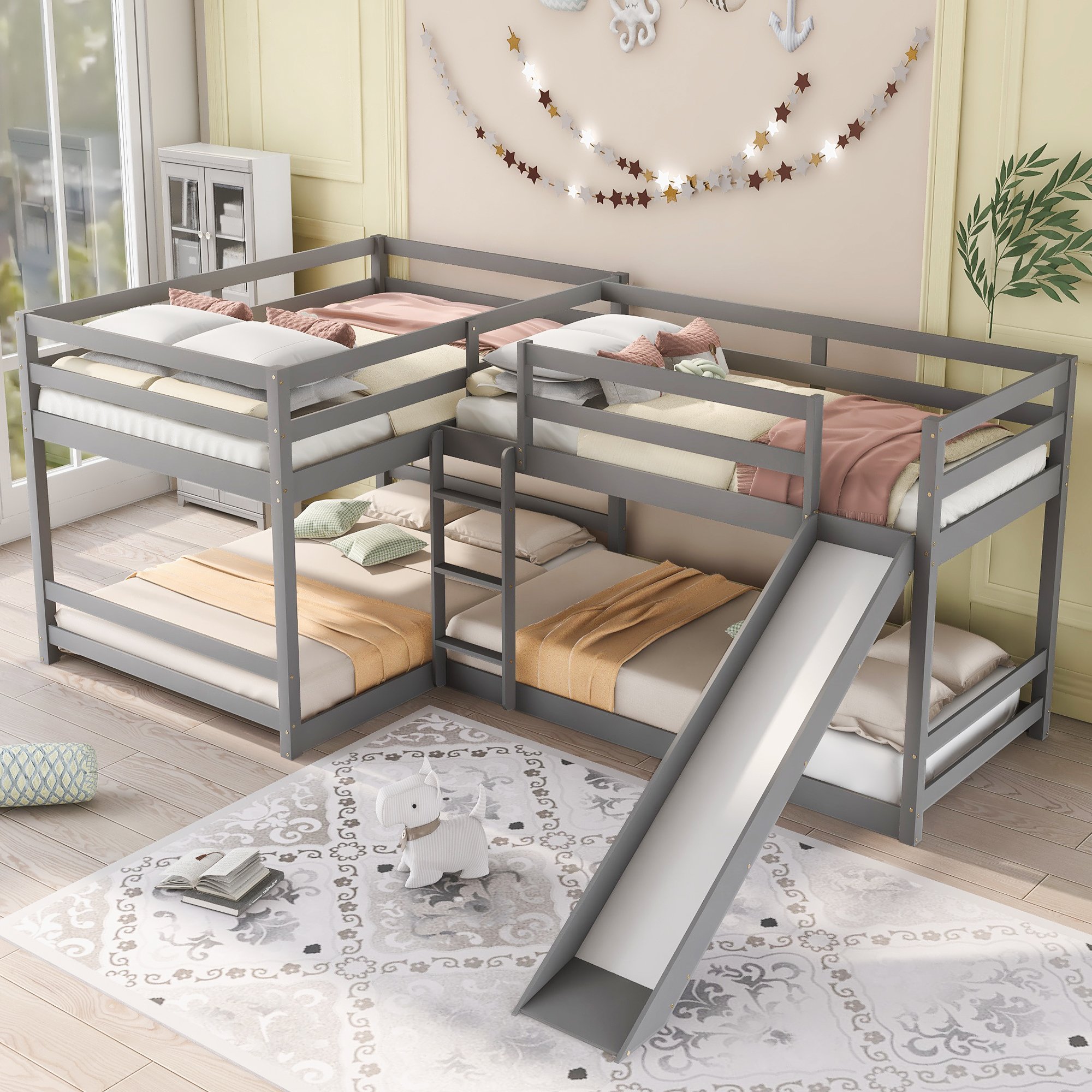 Full And Twin Size L-Shaped Bunk Bed With Slide And Short Ladder 3 Full And Twin Size L-Shaped Bunk Bed With Slide And Short Ladder