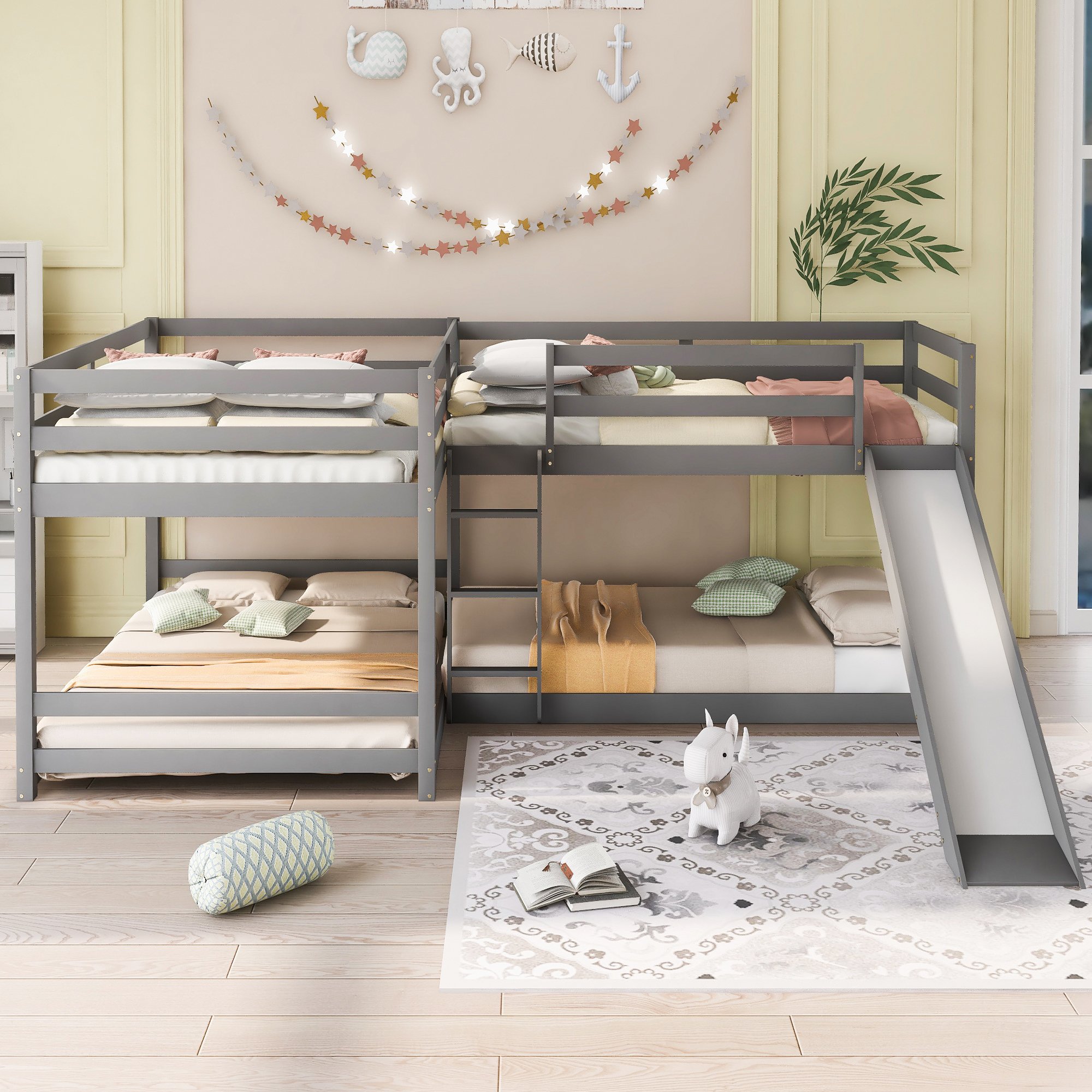 Full And Twin Size L-Shaped Bunk Bed With Slide And Short Ladder 5 Full And Twin Size L-Shaped Bunk Bed With Slide And Short Ladder