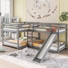 Full And Twin Size L-Shaped Bunk Bed With Slide And Short Ladder