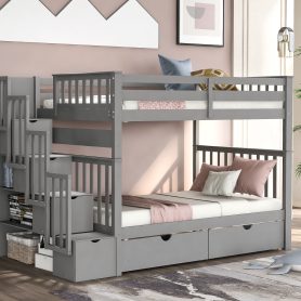 Full Over Full Bunk Beds With Shelves And 6 Storage Drawers