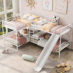 Twin Size L-Shaped Bunk Bed With Slide And Ladder