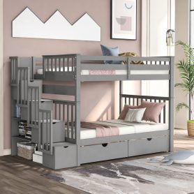 Full Over Full Bunk Beds With Shelves And 6 Storage Drawers