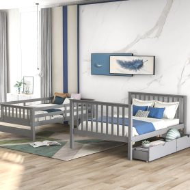 Full Over Full Bunk Beds With Shelves And 6 Storage Drawers