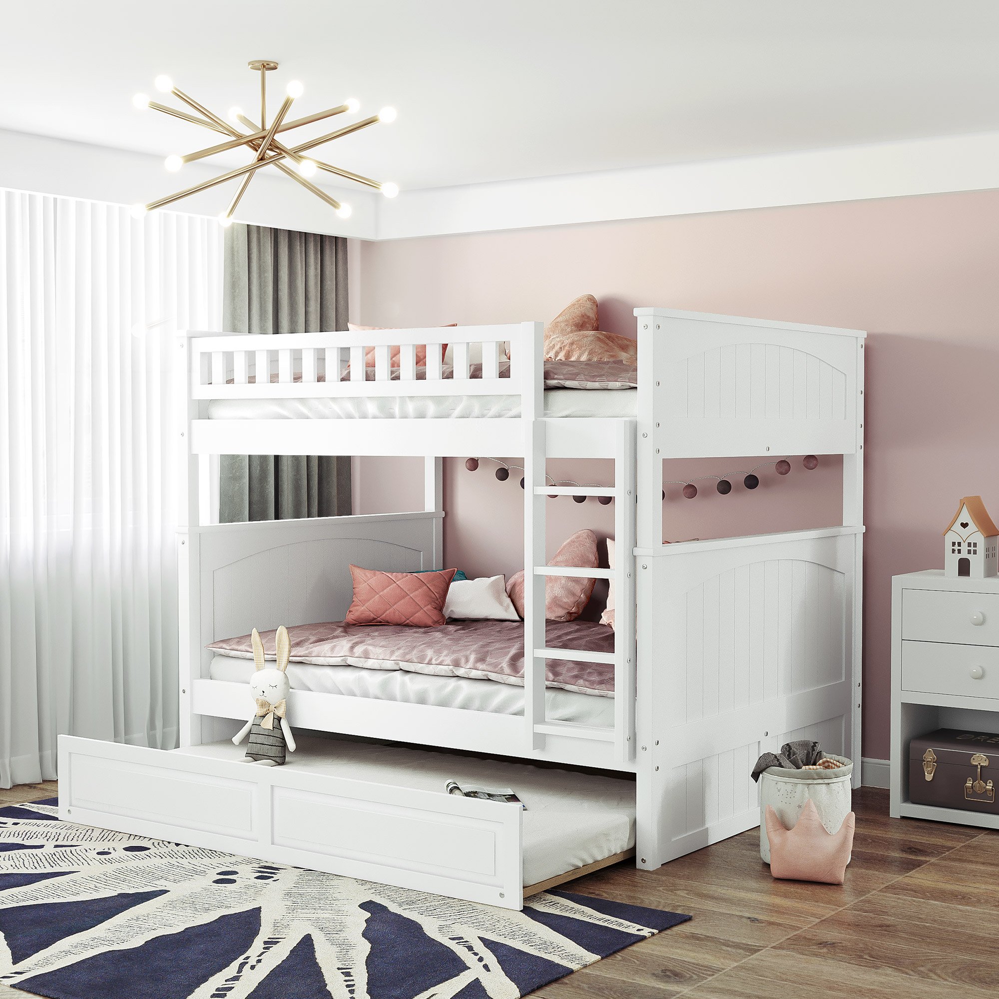 Full Over Full Bunk Bed With Twin Size Trundle, Pine Wood