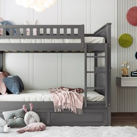 Full Over Full Bunk Bed With Twin Size Trundle, Pine Wood