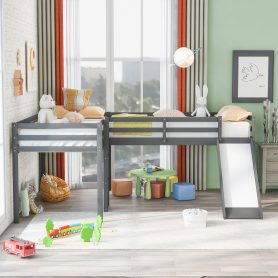 L-Shaped Twin Size Loft Bed with Ladder and Slide