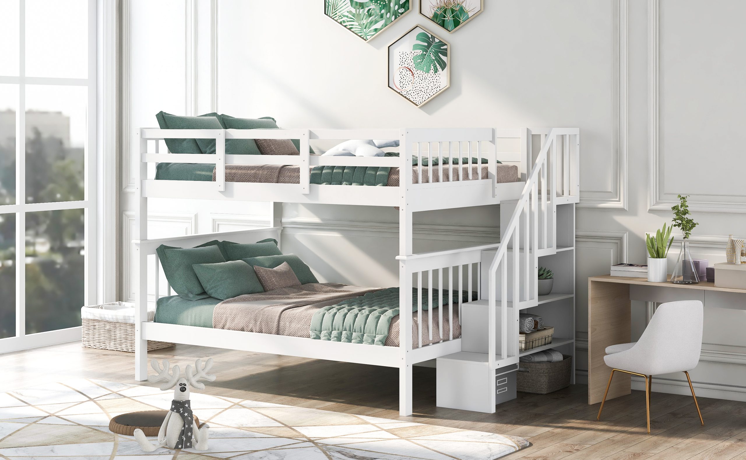 Full-Over-Full Bunk Bed with Staircase and Guard Rail 5 Stairway Full-over-full Bunk Bed With Storage And Guard Rail