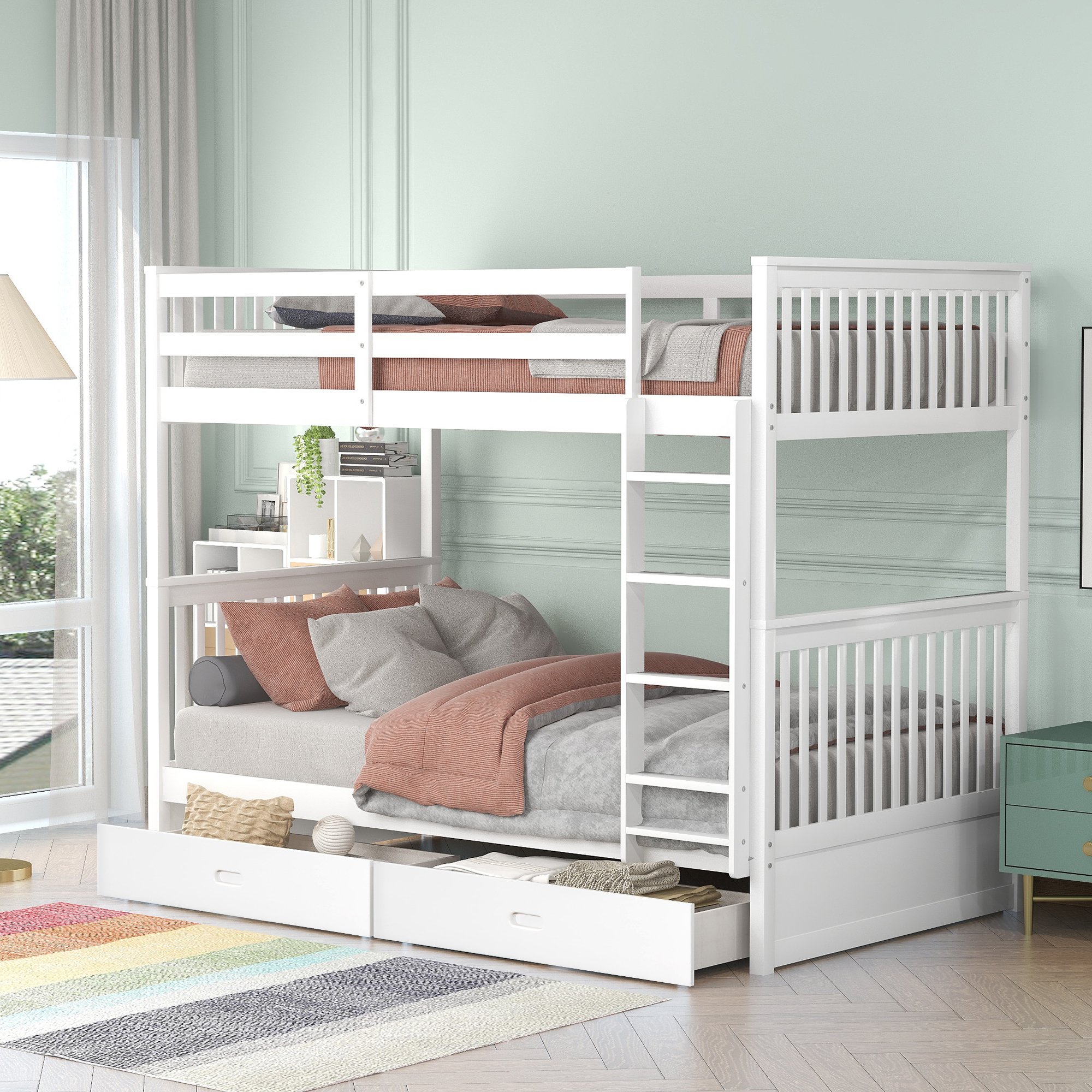 Twin Over Twin Bunk Bed with Ladders and Two Storage Drawers