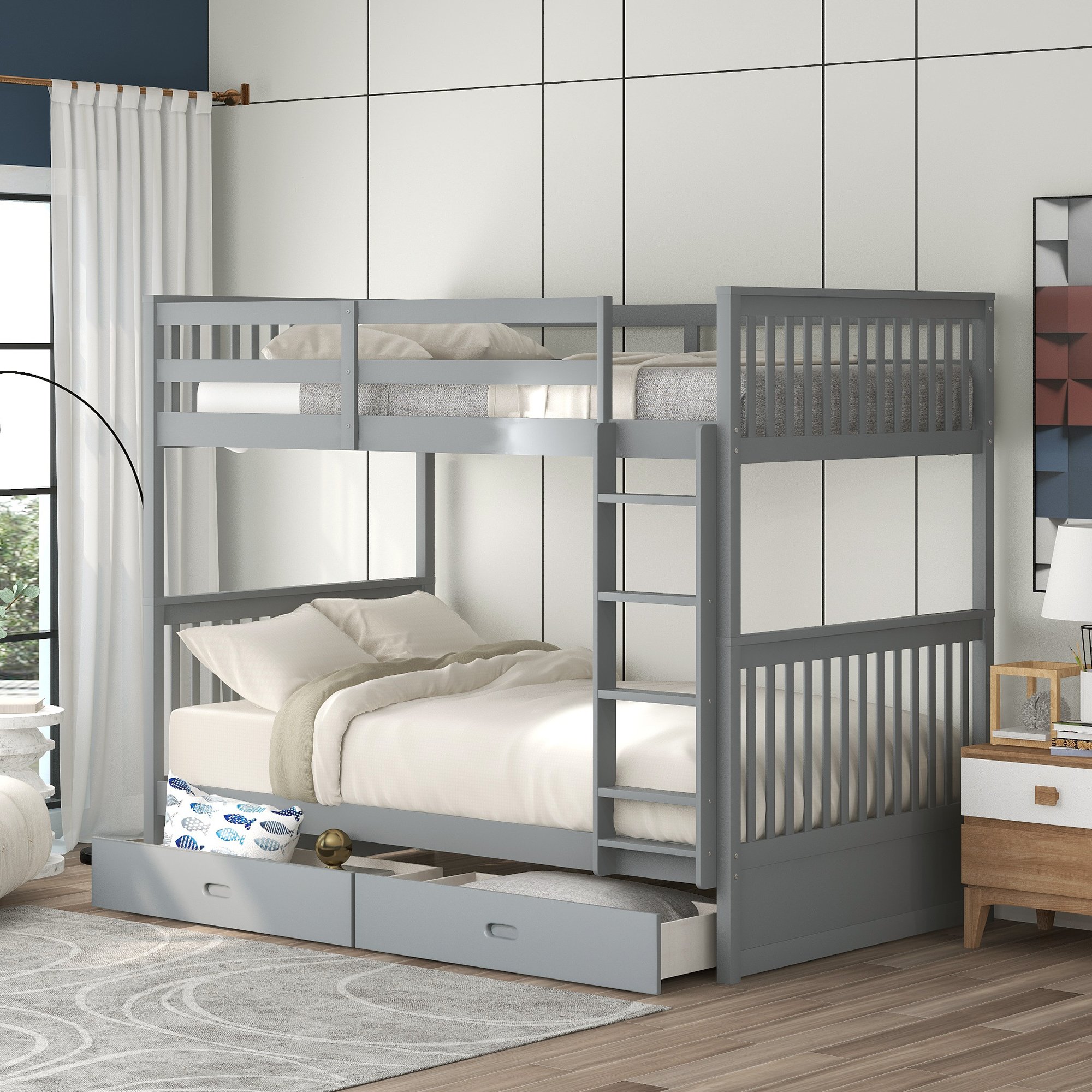 Twin Over Twin Bunk Bed with Ladders and Two Storage Drawers